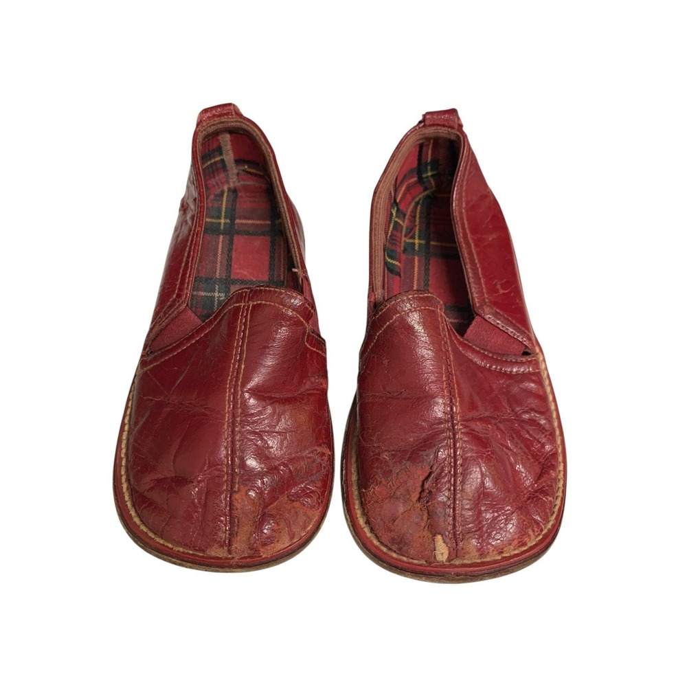 Vintage Red Leather Toddler Slippers Plaid Flannel Lined Slip On Shoes 5.5 Inch‎